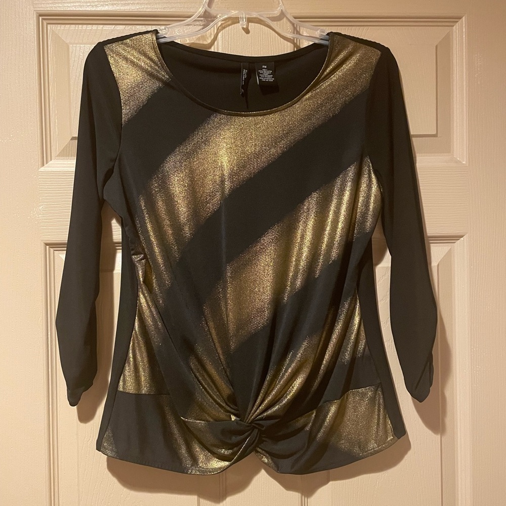 New Directions Black and Gold Blouse with Ruched Sleeves, Size PM